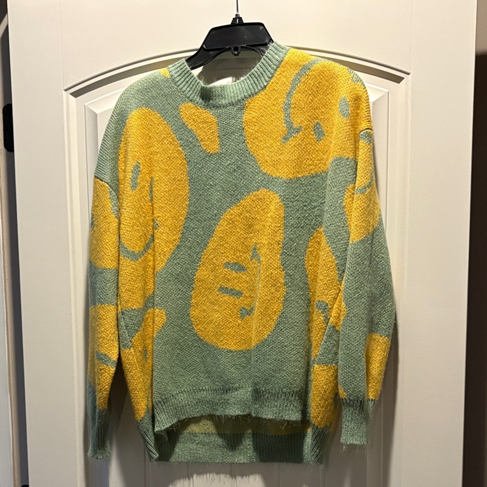 Altar'd State Green and Yellow Smiley Crewneck Sweater